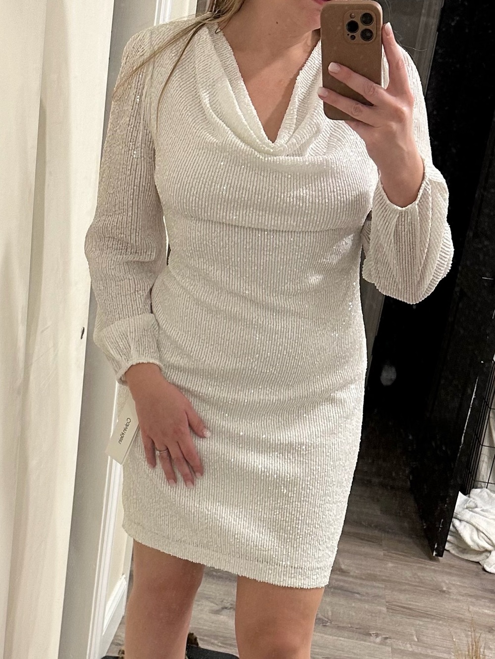 Calvin Klein Sequin Cowl Neck Long Sleeve Mini Dress Cream Size 10